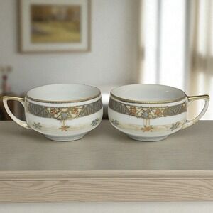 Vintage Nippon Hand Painted Tea Cups Raised‎ Textured Designs Gold Trim Floral